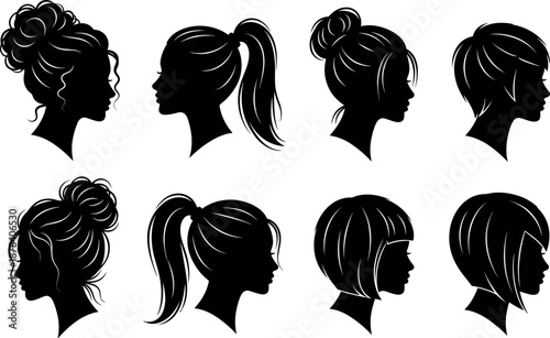 Eight female head silhouettes with varied hairstyles, profile and frontal views, black and white – flavector