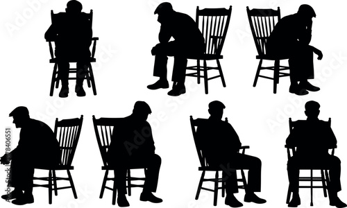 Elderly man sitting on chair silhouette set, old age loneliness, thinking poses, senior lifestyle concept, isolated black vector illustration