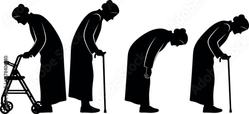 Elderly Woman Silhouette Collection Showing Aging Posture Walking With Cane Walker Senior Health Vector Illustration Set