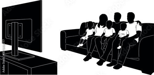 Family watching television together on sofa silhouette, parents and children relaxing at home, modern lifestyle vector illustration isolated
