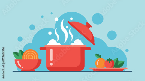 Flat vector cooking pot illustration with fresh vegetables boiling food concept for kitchen recipe healthy meal design background graphic icon