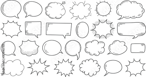 Speech bubbles, thought clouds, comic icons, dialogue shapes, hand-drawn style, expressive design, cartoon elements, storytelling tools, graphic art, sketch