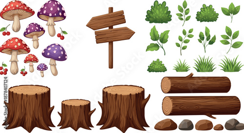 Forest nature elements set with mushrooms, tree stumps, wooden signs, logs, bushes and stones, cartoon woodland vector illustration isolated