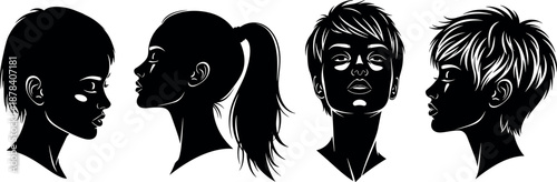 Four head silhouettes with different hairstyles, profile and frontal views, black and white – flavector