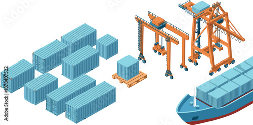 Isometric port logistics illustration featuring cargo containers cranes pallet shipment and container ship for global freight transportation concept