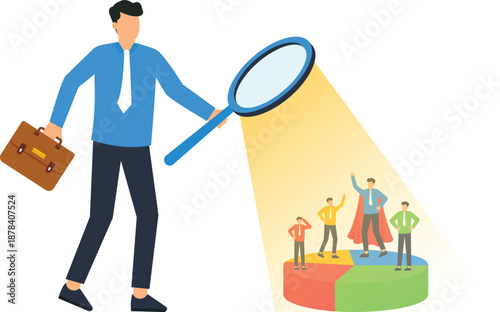 Businessman searching talent acquisition using magnifying glass analyzing market segmentation pie chart finding leader performance review corporate strategy human resources