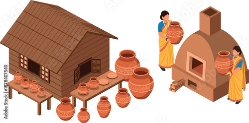 Isometric rural pottery village illustration with women artisans firing clay pots kiln traditional handcrafted earthenware production scene vector design artwork