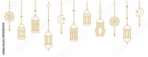 Elegant Ramadan Kareem Border with Lanterns, Crescent Moons, and Stars in Islamic Art Style