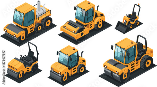 Isometric road roller construction vehicles set heavy machinery asphalt compactor equipment cartoon illustration isolated on white background vector