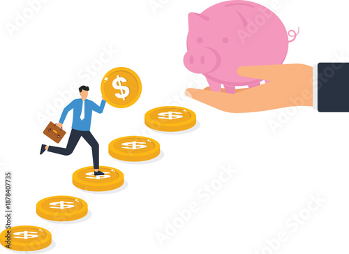 Businessman running climbing money financial success investment growth savings goal piggy bank gold coins career path wealth management business ambition future planning flat design