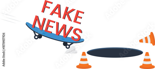 Fake News skateboard falling deep hole conceptual illustration misinformation danger digital threat warning sign traffic cones internet hoax social media literacy
