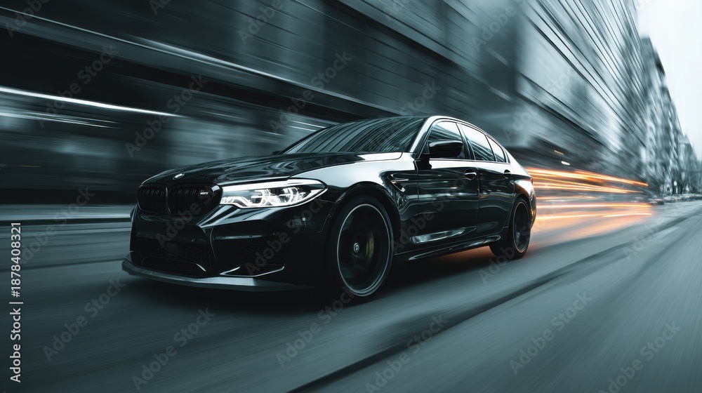 Fototapeta premium Sleek black car in motion captured with motion blur, driving fast along a multilane city road with dramatic lighting.