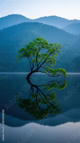 A lone tree gracefully mirrored in serene lake waters, misty mountains