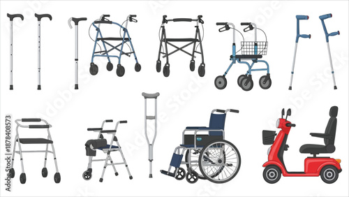 Orthopedic Equipment Icons Set Wheelchair, Crutches, and Mobility Aids for Elderly, Disabled, and Injured People