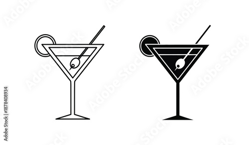 Black and white line art illustrations of two cocktail glasses with olives and straws