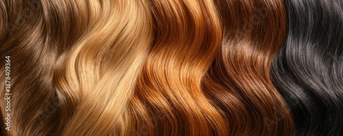 Shades of Hair: A spectrum of hair colors cascade in a flowing arrangement, showcasing a range of tones and textures from light blonde to dark brunette.