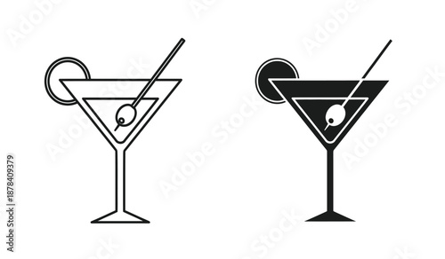 Two black and white martini glass icons with olives and cocktail sticks