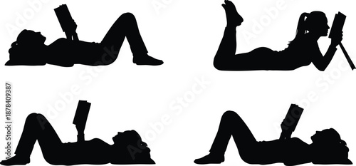 Black silhouettes of women lying down and reading books in various comfortable poses for education, literacy, relaxation, library, and home study design concepts,