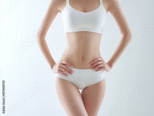 白い下着を身に着けたスリムな女性のウエストとボディラインを強調したフィットネスイメージ