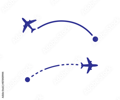 Airplane icon set showing flight path trajectories with blue silhouettes isolated on a white background for travel design.