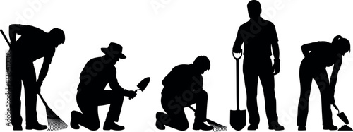 Gardening worker silhouettes set showing raking digging planting shoveling outdoor landscaping maintenance vector illustration collection