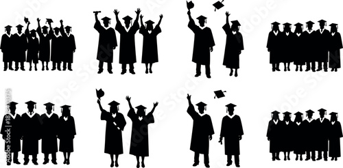 Graduation ceremony silhouettes set of students celebrating academic success with caps and gowns vector illustration for education concept design