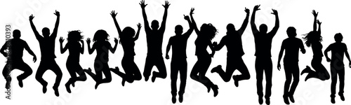 Group of jumping people silhouettes celebrating success and freedom, energetic men and women in joyful poses isolated on white background illustration
