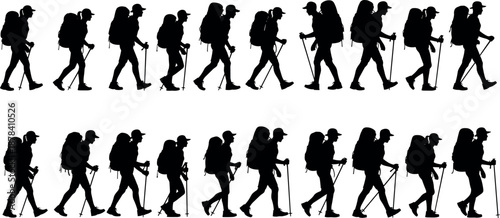 Hiking Backpacker Silhouette Collection Showing Trekking Walk Cycle With Poles Outdoor Adventure Traveler People Vector Illustration Set