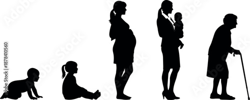 Human life cycle silhouette from baby to old age, growth stages, motherhood, aging process, family life concept, isolated black vector illustration
