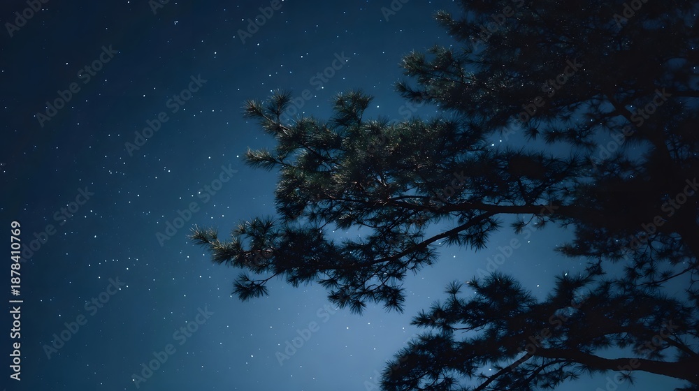 Fototapeta premium A dark blue night sky filled with countless twinkling stars with silhouetted pine tree branches in the foreground