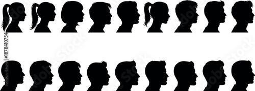 Male and female profile head silhouettes collection showing side view human faces, diverse hairstyles and shapes, minimalist avatar portraits isolated on white background illustration