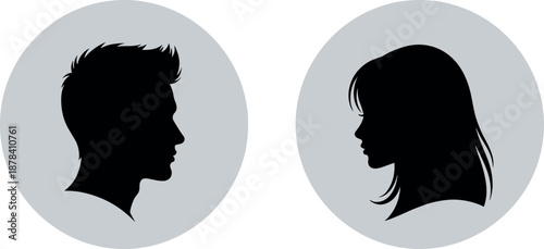 Male and female profile silhouette icons facing each other, minimal human head portraits, modern avatar symbols isolated in circular frames on white background illustration
