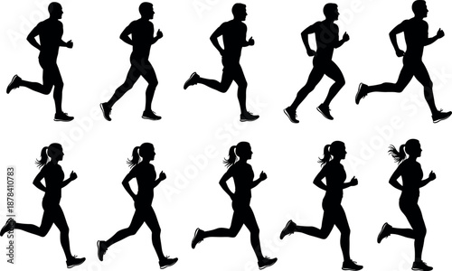 Male and female running silhouettes set showing jogging poses vector illustration for fitness sport training motion design concept