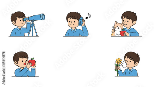 Educational illustration showing a young boy using his five senses including sight, hearing, touch, taste, and smell.