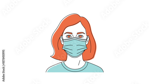 Illustration of a woman with red hair wearing a blue surgical face mask for health and safety protection outdoors.