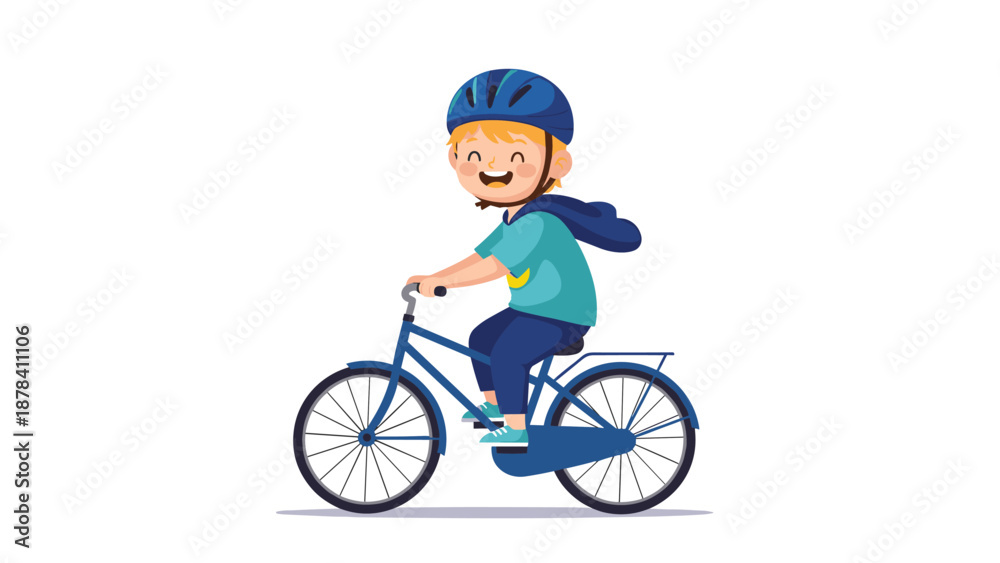 Fototapeta premium Cheerful young boy with blond hair riding a blue bicycle while wearing a protective helmet and a small cape on a white background.