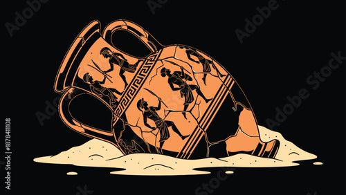 Ancient Greek amphora decorated with black figures of warriors lying broken in the sand against a solid black background for contrast.