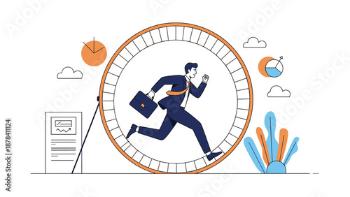 Stressed businessman in a suit running inside a giant hamster wheel with business charts and clocks illustrating the corporate rat race.