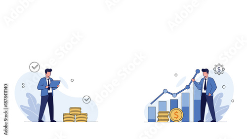 Financial illustration featuring two businessmen with stacks of gold coins and a growing bar chart representing wealth and investment success.