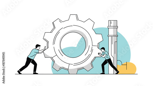 Two industrial workers pushing a giant gear together against a blue background to symbolize teamwork and the mechanics of a company.