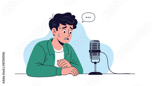 Nervous man sweating and stuttering while trying to speak into a vintage silver microphone on a blue background during a podcast.