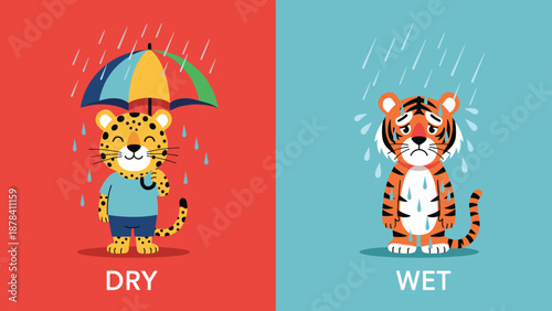 Educational comparison showing a dry leopard with a colorful umbrella and a wet tiger standing in the rain to teach children opposites.