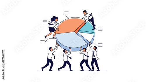 Group of business people working together to assemble pieces of a large colorful pie chart representing corporate teamwork.