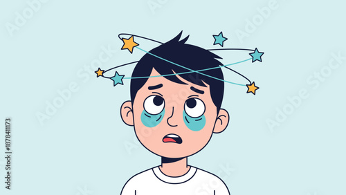 Cartoon boy with dark circles under his eyes feels dizzy as colorful stars spin around his head in a light blue background.