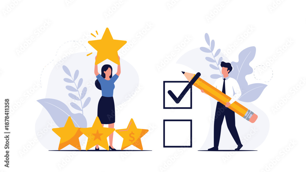 © Sarah - Business people rating a service with five stars and checking a box on a list representing customer feedback and satisfaction survey.