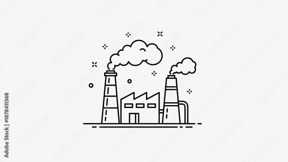 Obraz premium Industrial factory line art icon showing production buildings with smoke coming from chimneys representing manufacturing and environment.