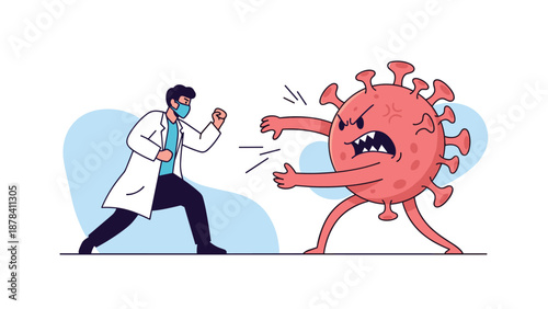 Brave doctor wearing a white coat and face mask prepares to fight a giant red virus monster for healthcare and protection.