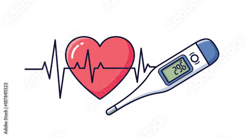 Healthcare and medical concept showing a red heart with a pulse line and a digital thermometer measuring fever on a white background.