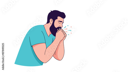 Bearded man in a blue shirt coughing or sneezing while covering his mouth with his hands to prevent the spread of germs and illness.