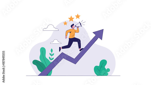 Motivated man with a megaphone running up a rising arrow graph symbolizing growth, success, and business achievement in marketing.